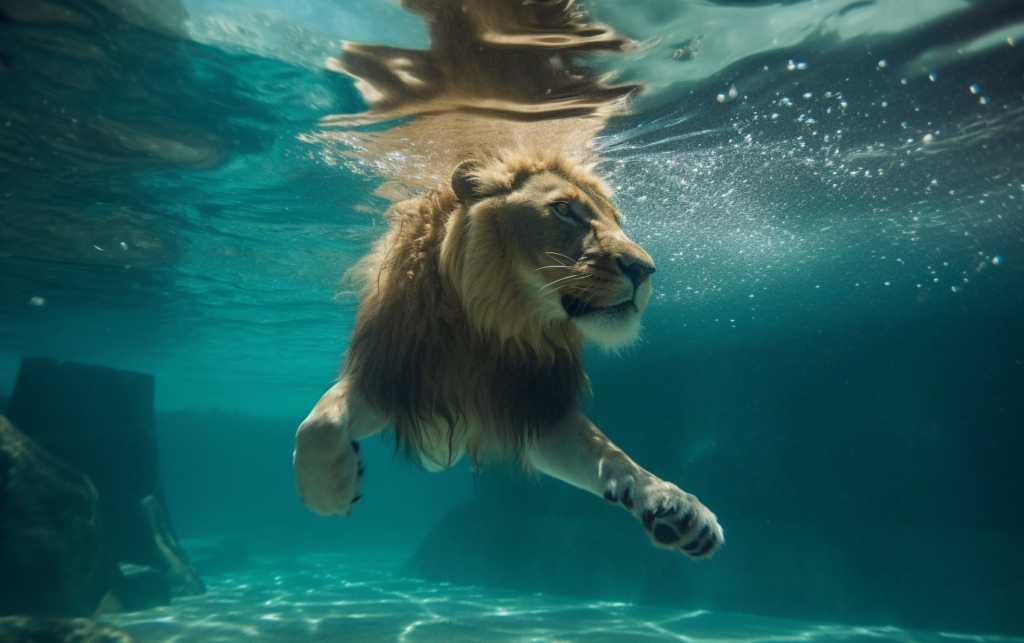lion jumpin to swimmin pool underwater 4346e1c8 cc73 47aa bb74 4734fd5353b7