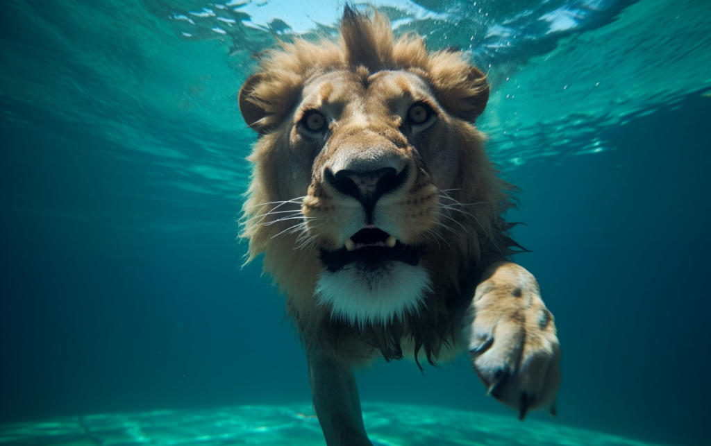 lion jumpin to swimmin pool underwater 81669857 e402 48a8 b483 f42872b44b27